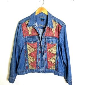 Vintage Denim Jacket sz L patchwork embroidered cottagecore BoHo Jean women’s
